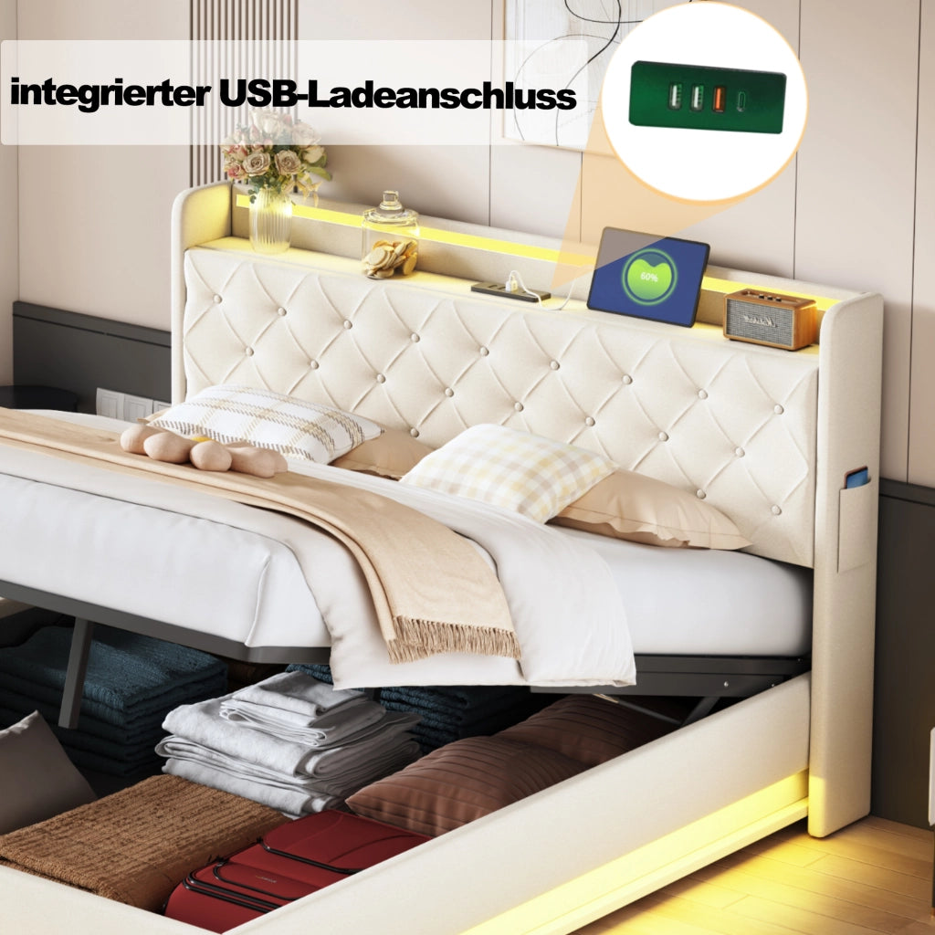 LETTO Imbottito 160x200 cm Beige con LED, USB e contenitore idraulico