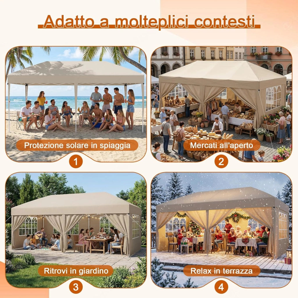 Gazebo 3x6 Pieghevole Impermeabile, Tenda Pop Up Pieghevole con 6 Pareti Rimovibili, Gazebo Pieghevole con 3 Altezze Regolabili Protezione UV 50+ per Giardino, Terrazza, Campeggio (Beige)
