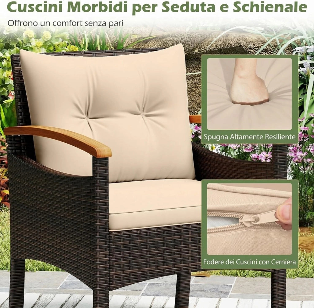 Salotto da Giardino in Rattan PE, Salottino da Esterno 3 Pz, 2 Poltrone con Braccioli e Schienale, 1 Tavolino con Piano in Legno Massello, per Terrazzo, Balcone, Patio (Marrone+Beige)