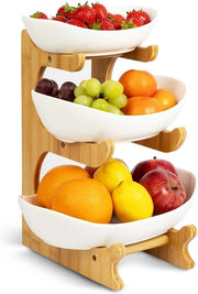 Cassa frutta standard 3 livelli ceramica bambù - Grande capacità ciotola frutta per cucine, feste e matrimoni