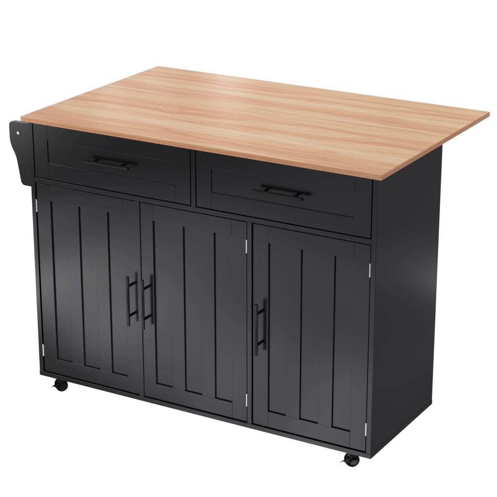 Isola da Cucina Mobile 129x46/71x91,5 cm Nera e Legno con Piano Ribaltabile, 2 Cassetti e 5 Ruote