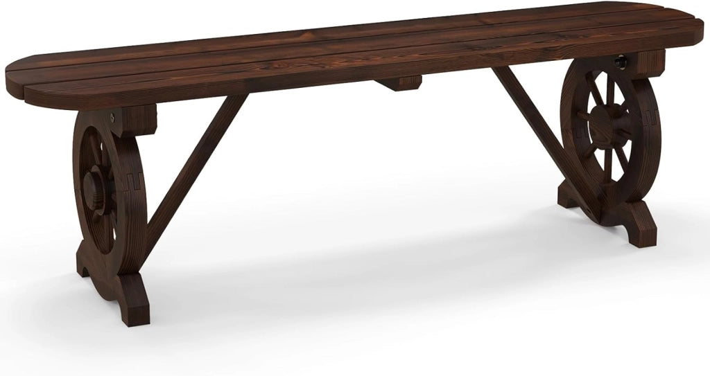 Panchina in Legno Rustico, Panchina da Esterno con Base a Ruota di Carro, Design Sedile a Doghe, Panchina a 2 Posti per Giardino, Balcone e Cortile, Portata 325 kg