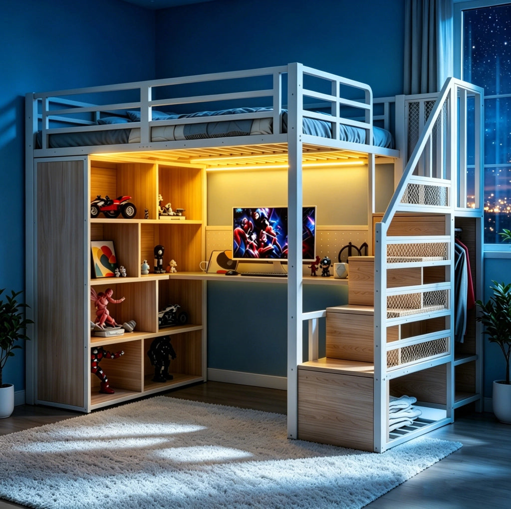 Letto a soppalco 90x200 cm bianco in metallo e MDF con scrivania e armadio