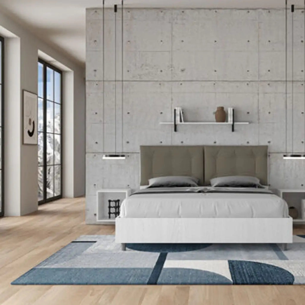 Letto matrimoniale con rete 160x190 bianco frassino cuscini similpelle cappuccino Egos Annalisa