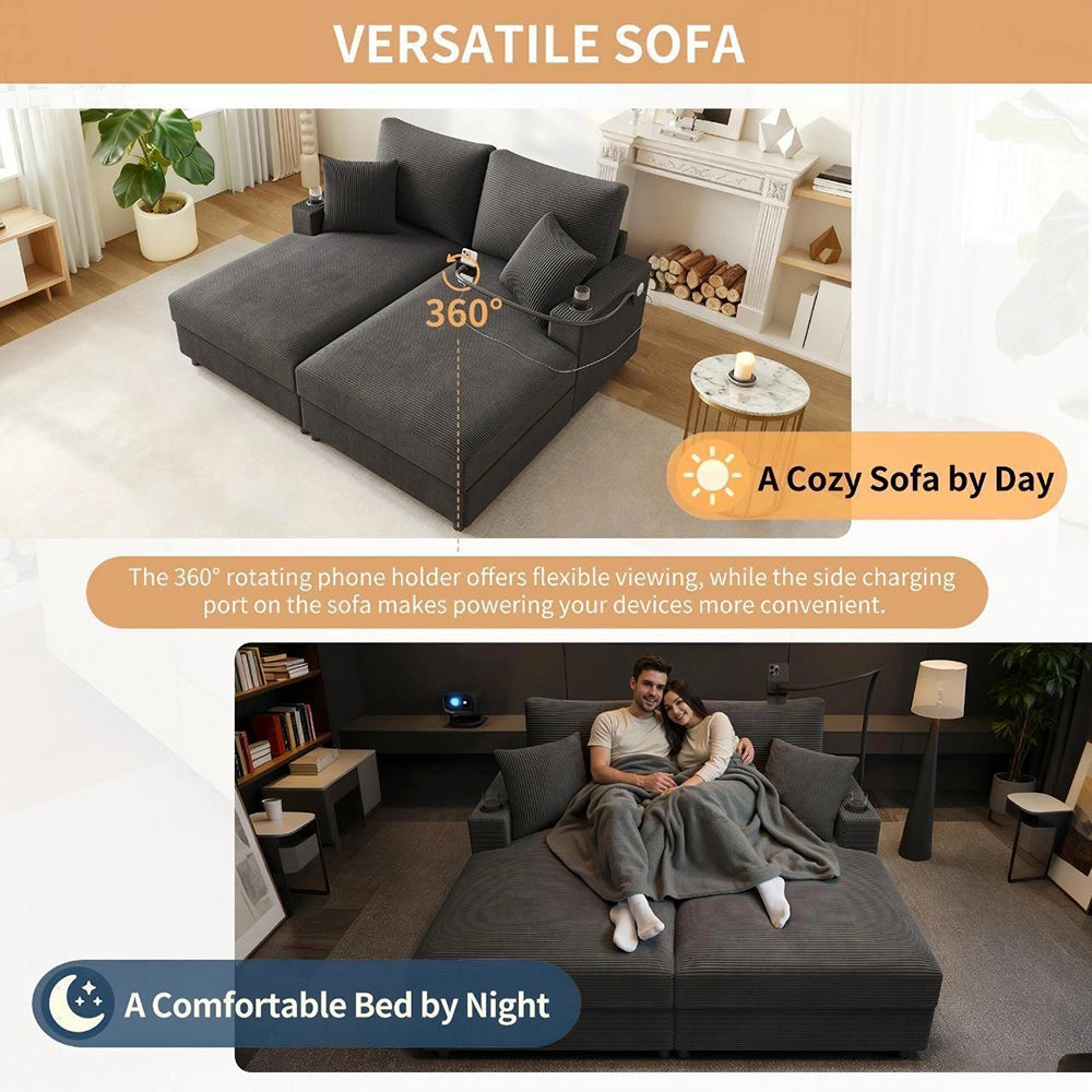 Divano letto XXL - Xylo - Doppio, USB, porta bicchieri, grigio, imbottito