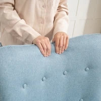 Poltrona con Poggiapiedi, Schienale Alto Trapuntato, Gambe in Legno e Rivestimento in Lino, Azzurro Chiaro
