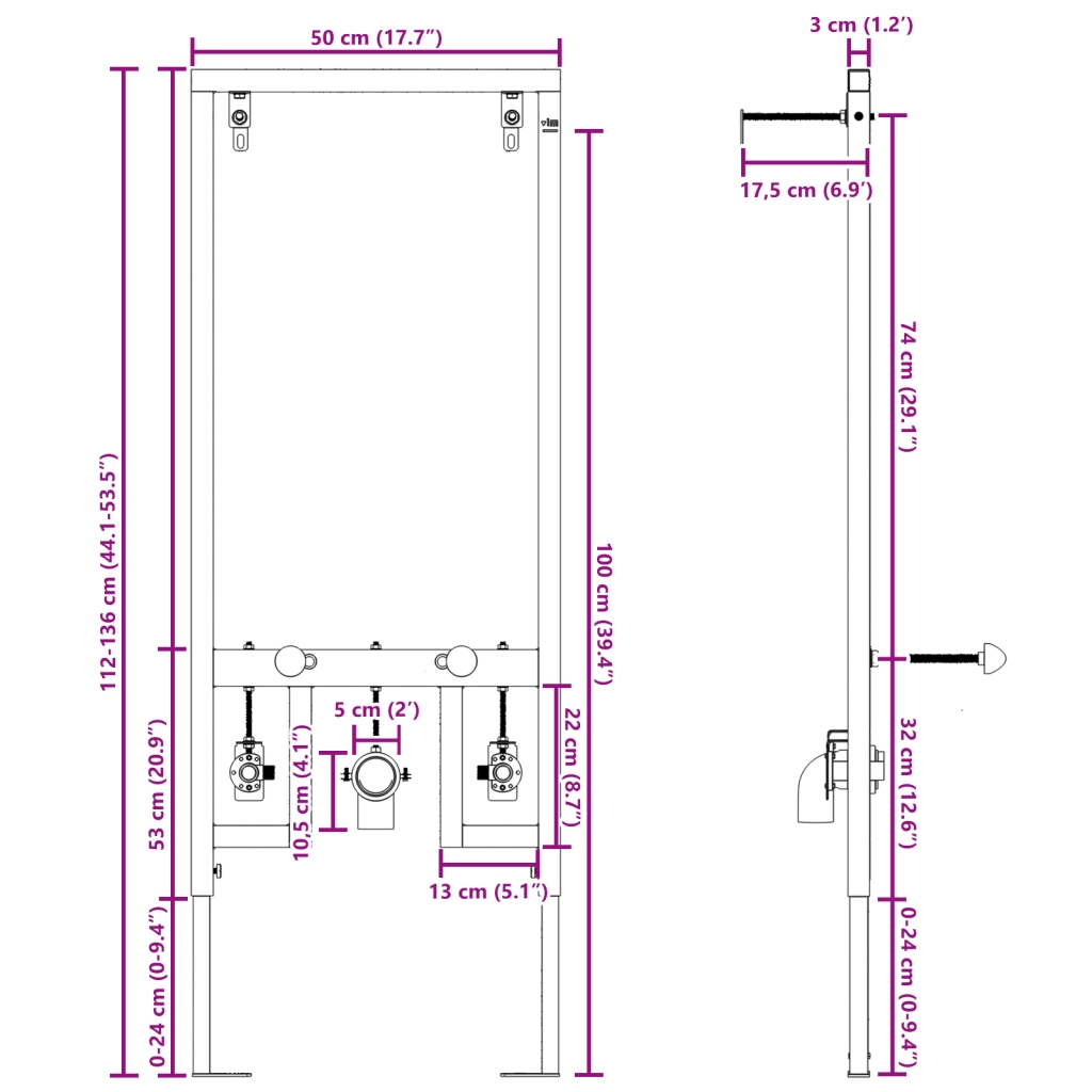 Struttura di montaggio nascosta per bidet 50x112-136 cm in acciaio