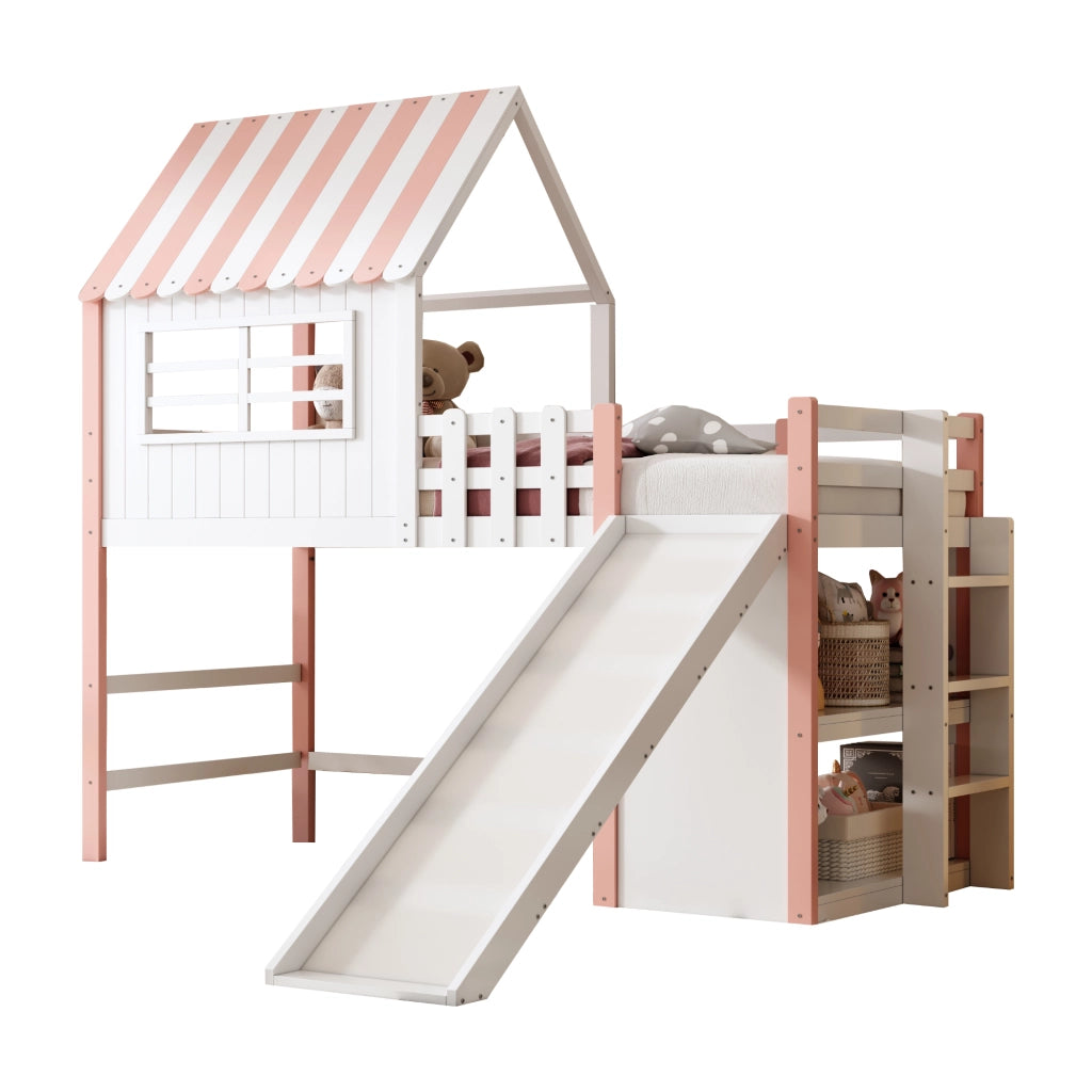 Letto a castello rosa in legno massello e MDF con scivolo e scala di sicurezza 90x200 cm