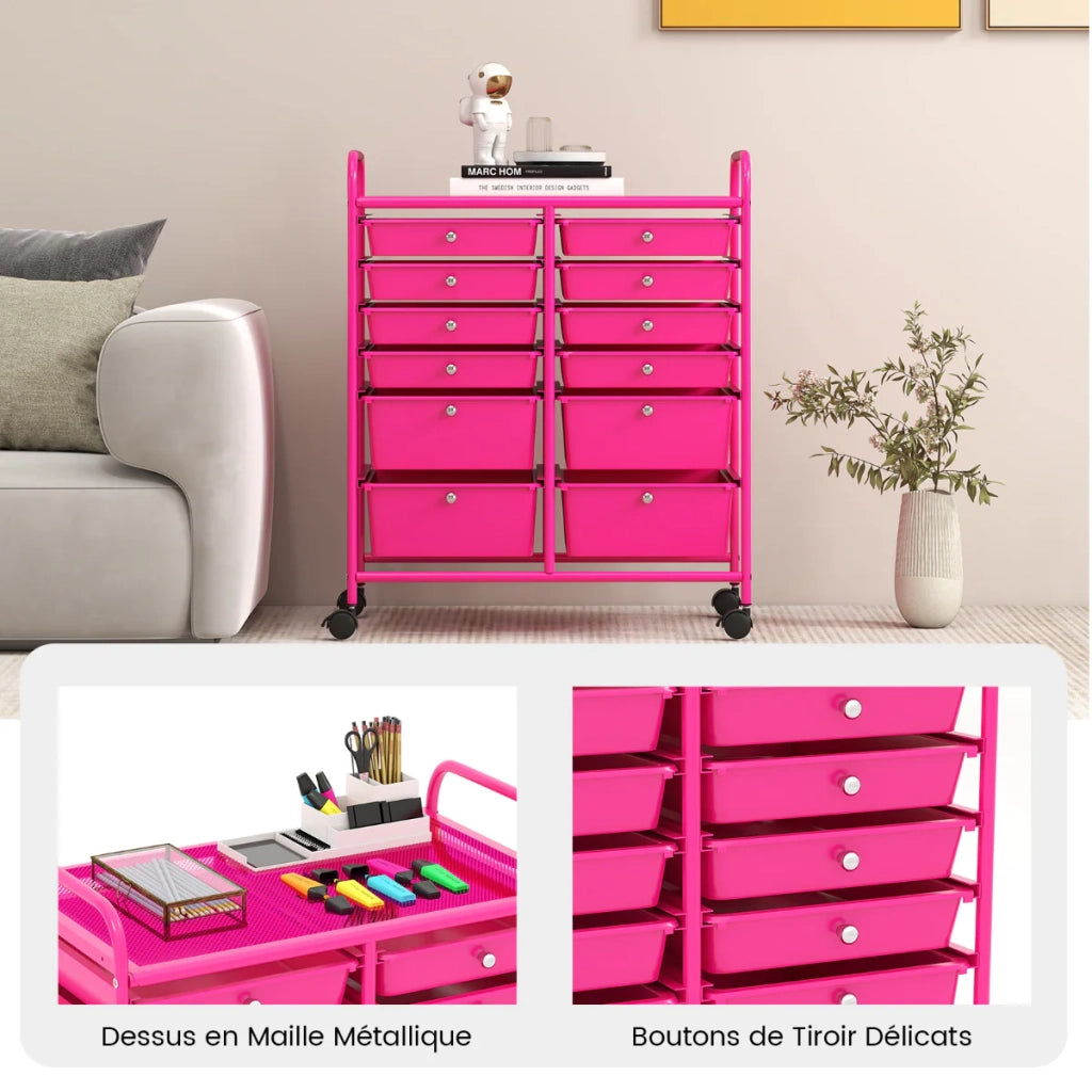 Carrello portaoggetti con ruote 64 x 38 x 75 cm 12 cassetti robusti design pratico metallo rosa 20_0021073