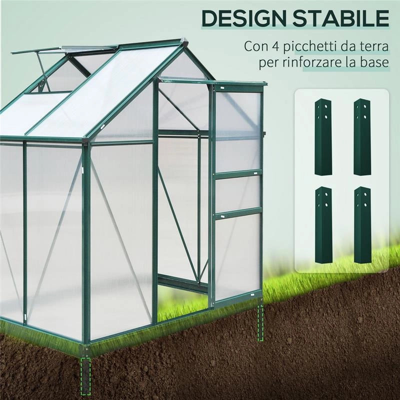 SERRA DA GIARDINO IN POLICARBONATO ANTI UV 190X132X201CM, CON STRUTTURA IN ALLUMINIO, FINESTRA E PORTA SCORREVOLE