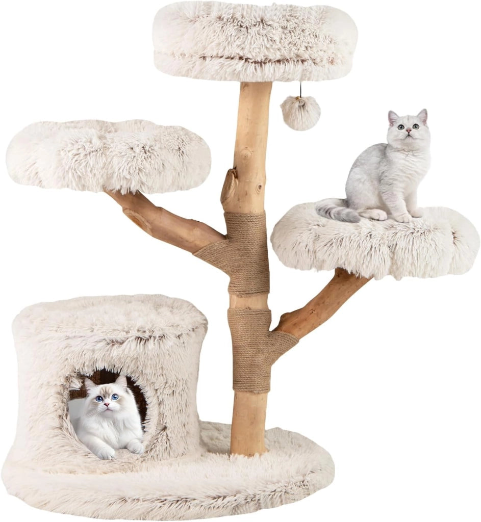 Albero per Gatti, Tiragraffi per Gattini in Legno Alta 102 cm con Condominio, 2 Piattaforme a Forma di Fiore, Trespolo e Palo per Grattarsi in Juta, Mobile da Arrampicata per Interno