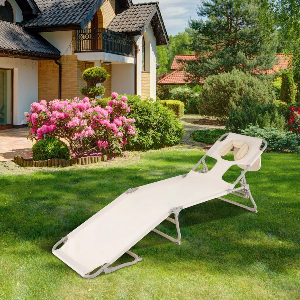 Sedia abbronzante con fori per viso e braccia schienale e poggiapiedi regolabili, Sdraio da spiaggia pieghevole Beige-Poltrone e sdraio