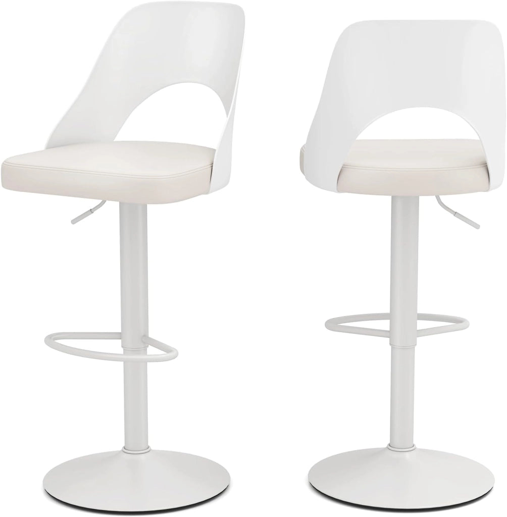 2 Sgabelli Girevoli da Bar Alta 91-111 cm, Set di Sgabelli con Seduta in Ecopelle, Poggiapiedi e Struttura in Metallo, Sedie per Cucina e Bistrò (Bianco)