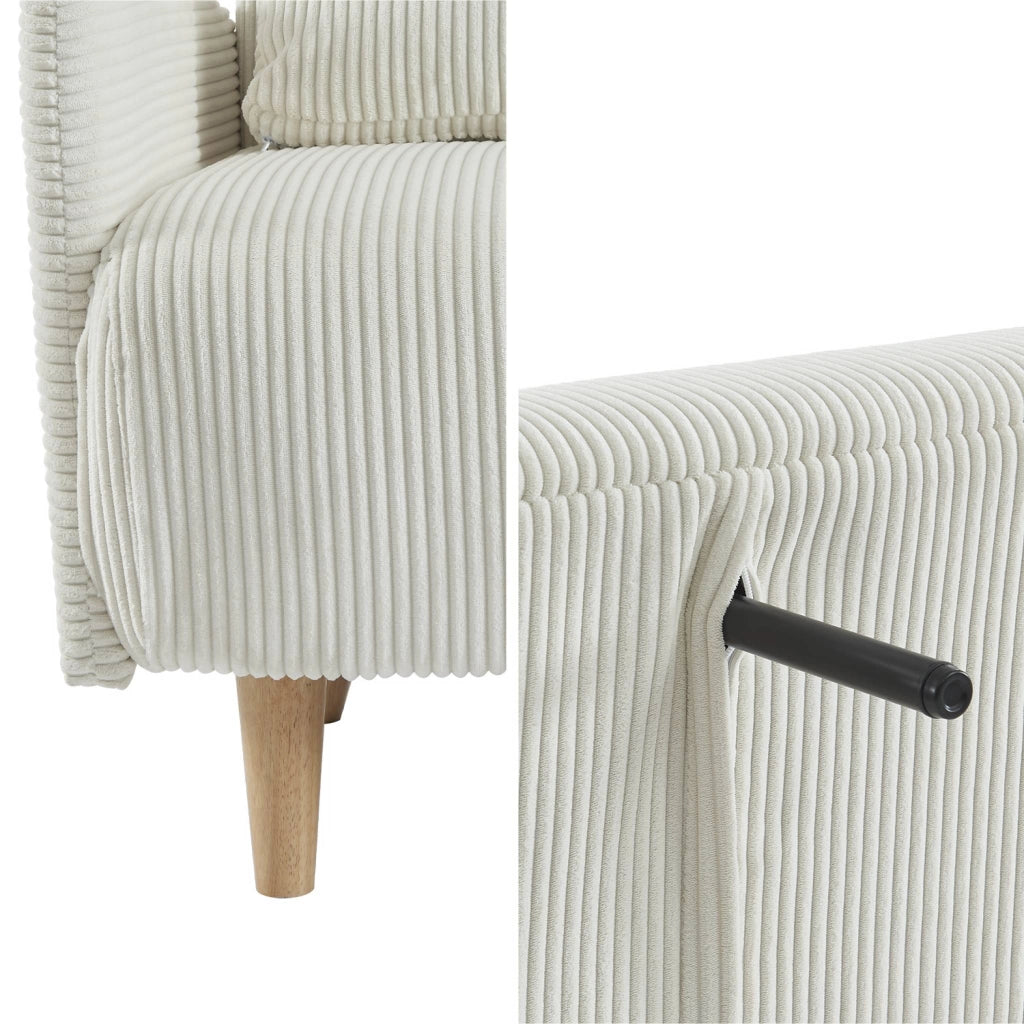 Divano letto in velluto a coste con gambe in legno, 2 posti, bianco