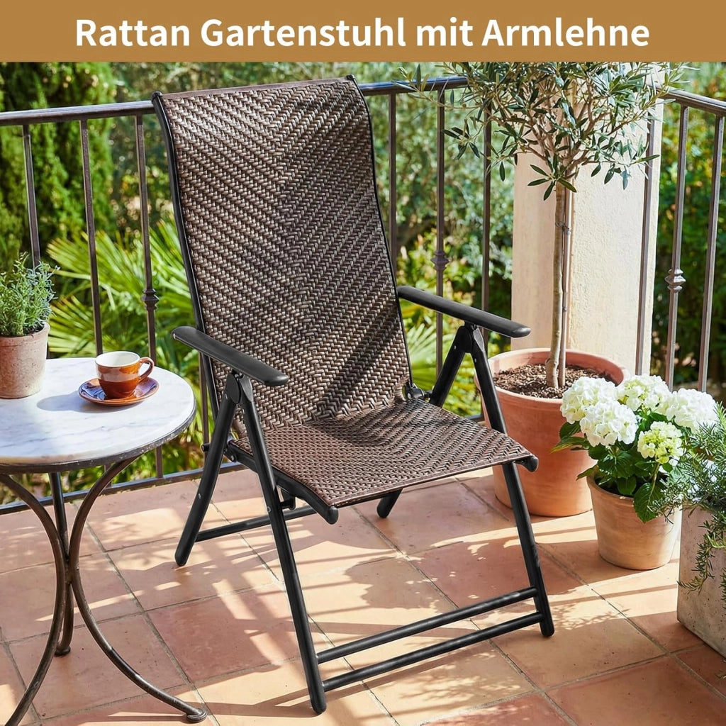 Sedia a sdraio in rattan, con schienale regolabile in 7 posizioni, sedia pieghevole resistente alle intemperie, traspirante, per balcone, giardino e terrazza
