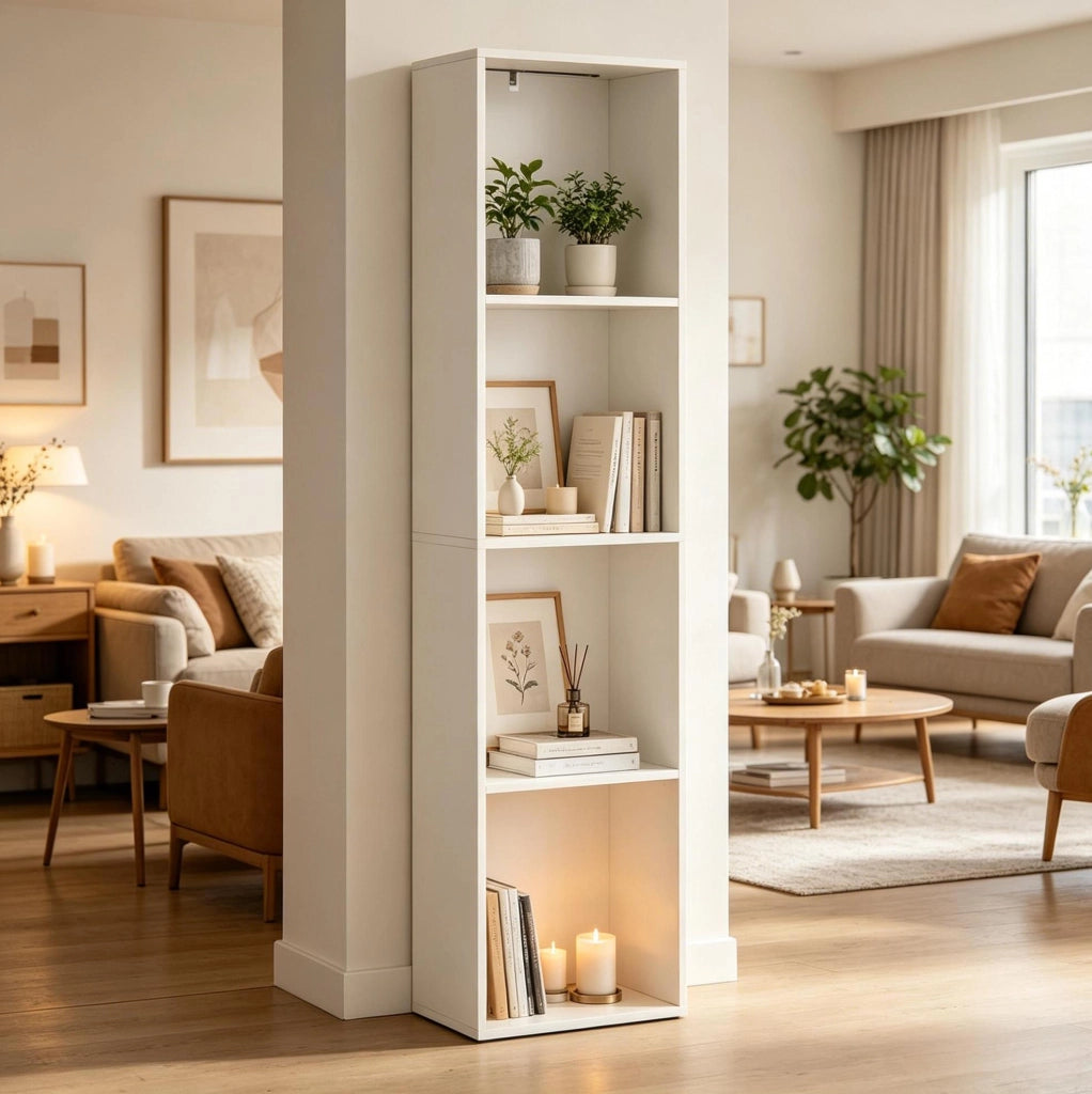 Libreria verticale bianca a 4 ripiani con illuminazione multicolore e fissaggio antiribaltamento