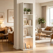 Libreria verticale bianca a 4 ripiani con illuminazione multicolore e fissaggio antiribaltamento