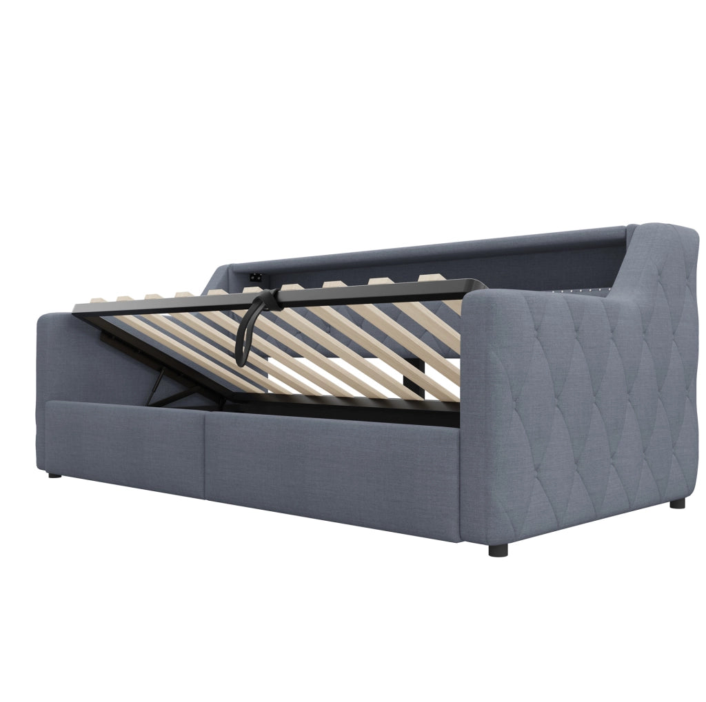 Daybed 90 x 200 cm con illuminazione LED; spazio contenitore idraulico; lino e MDF grigio