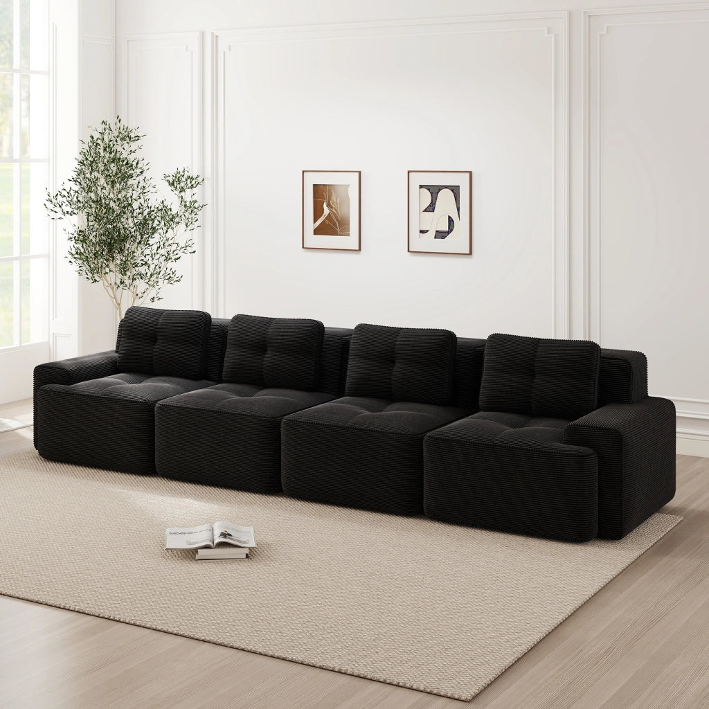 divano modulare da salotto con seduta profonda; schiuma 32D; base antiscivolo; ampi braccioli; in corduroy nero