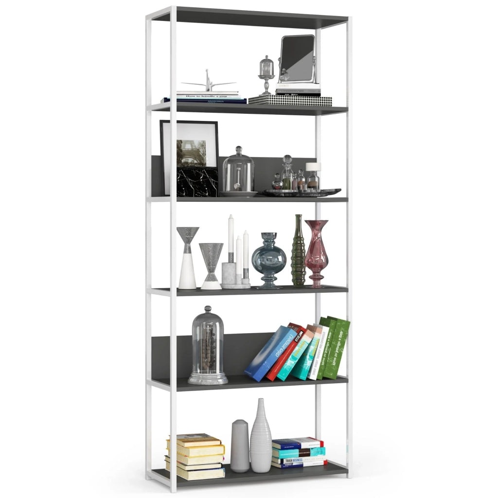 Scaffale stilo loft con ripiani in legno 80 cm Bianca 80 cm inserto frontale Grigio 80x32x192 cm