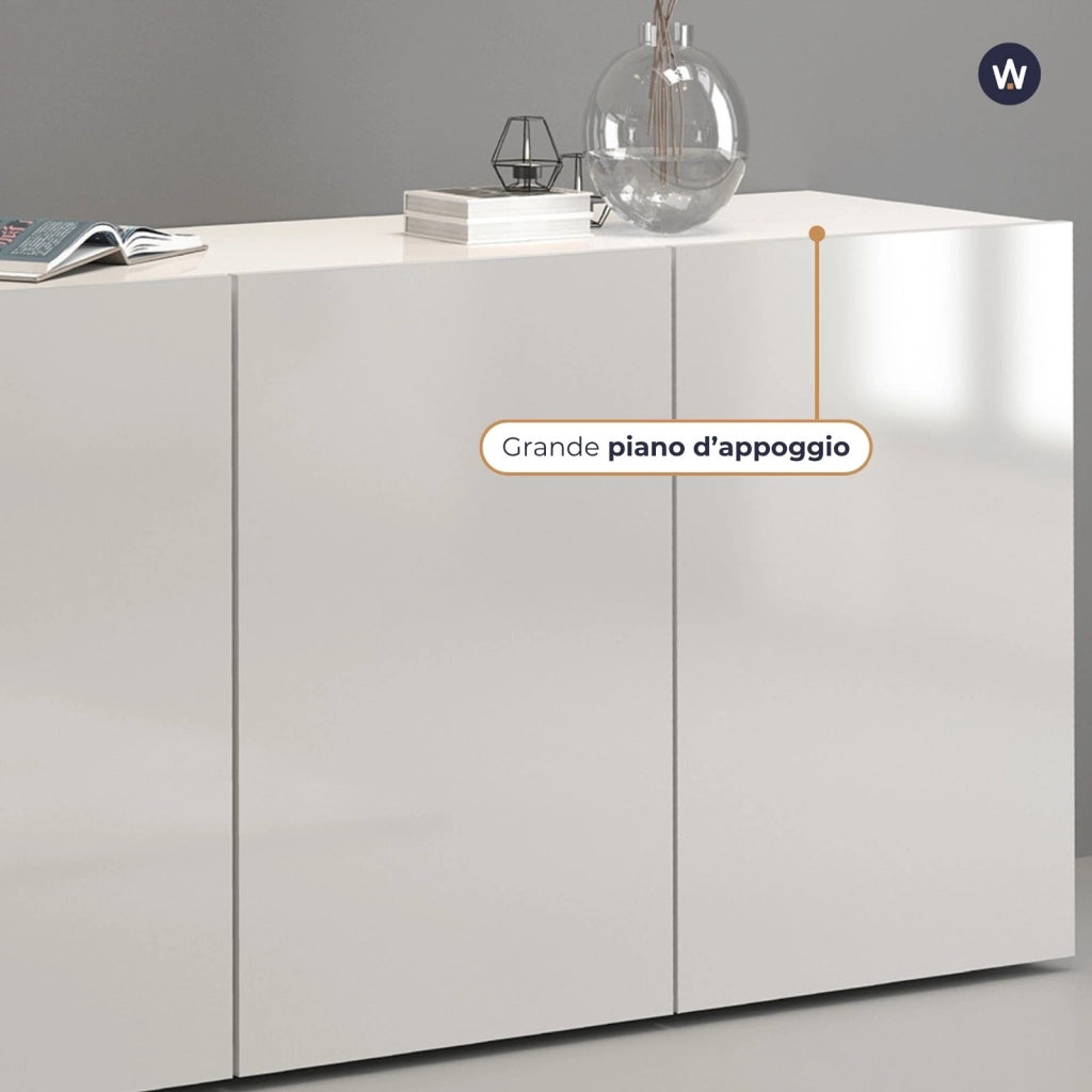 WHOUS Credenza Egypt a 4 ante e 4 vani bianco lucido 180x38x70 cm