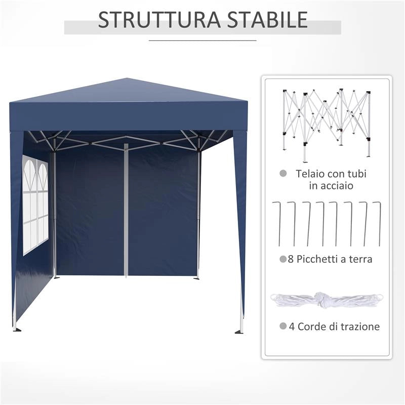 GAZEBO PIEGHEVOLE POP UP 2X2 M CON 4 PARETI RIMOVIBILI IN POLIESTERE E ACCIAIO, BLU