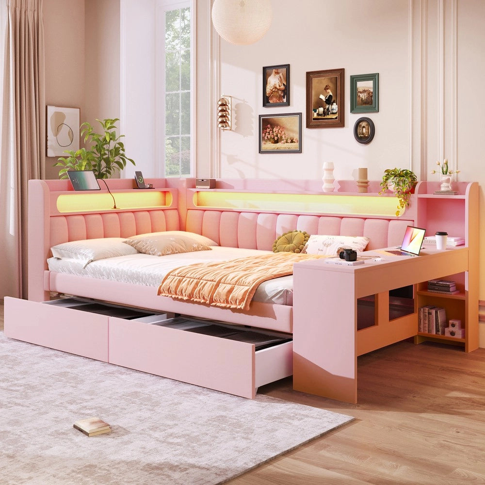 Letto Imbottito con Scrivania e Cassetti, LED e USB ¨C Xylo ¨C 140x200, Rosa