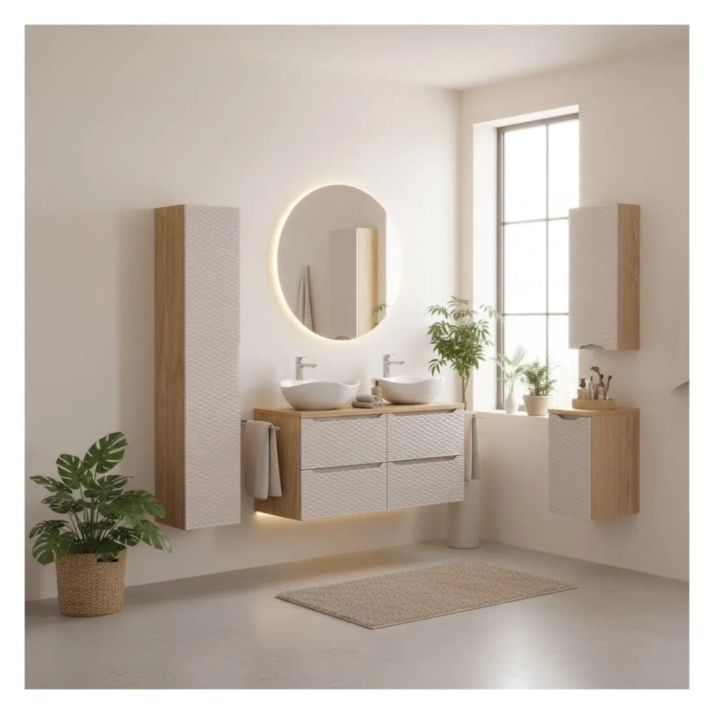 Set da bagno YOKA beige: 2 mobili sottolavabo da 60 cm + 2 lavabi + 1 colonna e 2 mobili contenitori