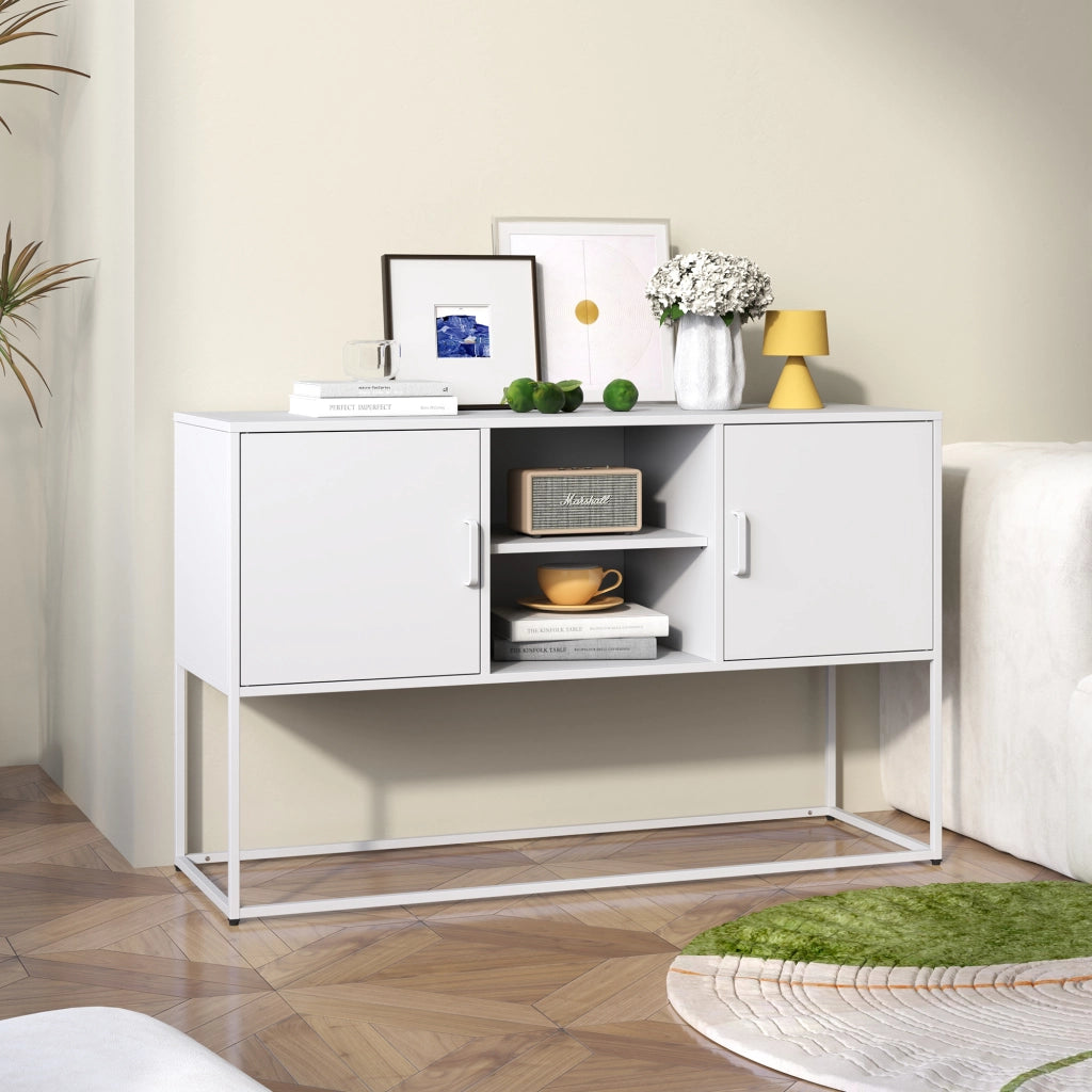 Credenza e madia in metallo con 6 vani e 3 ripiani fissi, per cucina e soggiorno, bianco, 120 × 40 × 75 cm