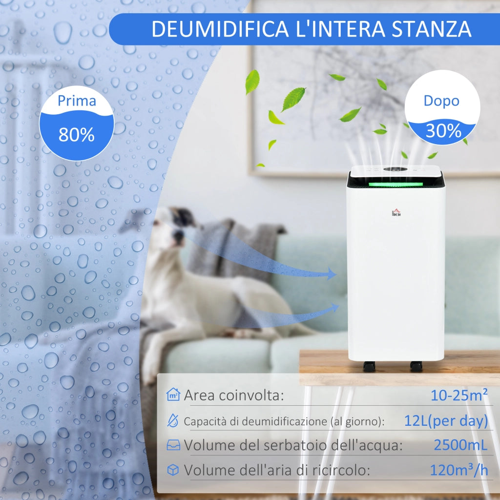 Deumidificatore da 12L in ABS con 5 Modalit¨¤, 2 Velocit¨¤ e Timer da 24h, 25x25x50.5 cm, Bianco e Nero