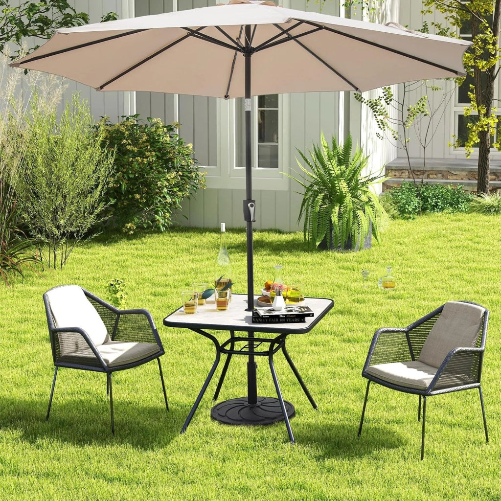 Tavolino con foro per ombrellone, tavolo da giardino 80 x 80 cm, per 4 persone, tavolo da balcone con piano in marmo artificiale, tavolo da bistrot fino a 100 kg, tavolo da pranzo per