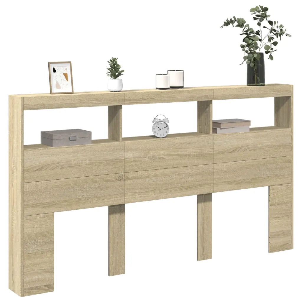 Testiera con Contenitore a LED-Testiera con Ripiani Rovere Sonoma 180x17x102 cm