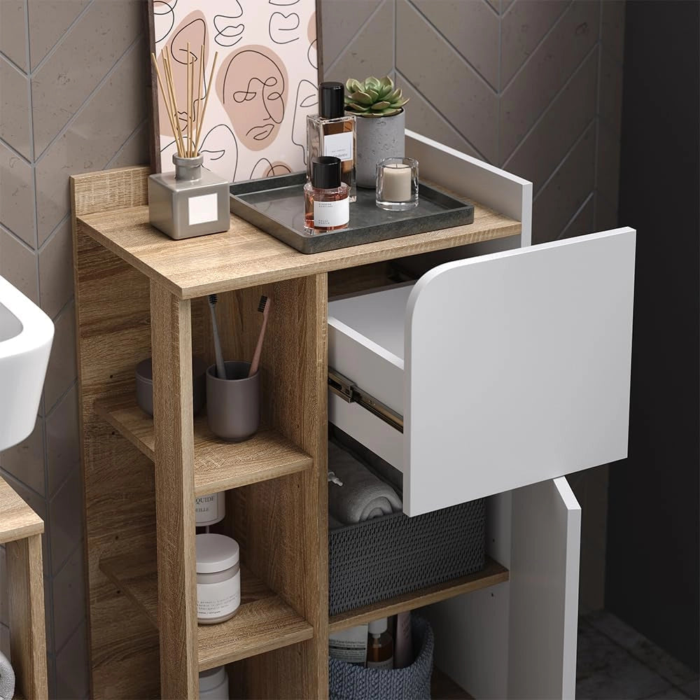 Mobiletto bagno Karen, Sonoma/Bianco, 50 x 90 cm con anta e cassetto, adatto per la conservazione di articoli da bagno e asciugamani