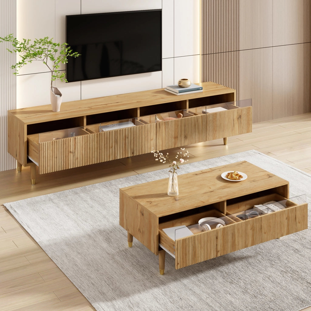Mobile TV con Couchtisch ¨C MINIMAL ¨C Legno Oro, LED, 4 Ante, 2 Cassetti, Fronte Acrilico