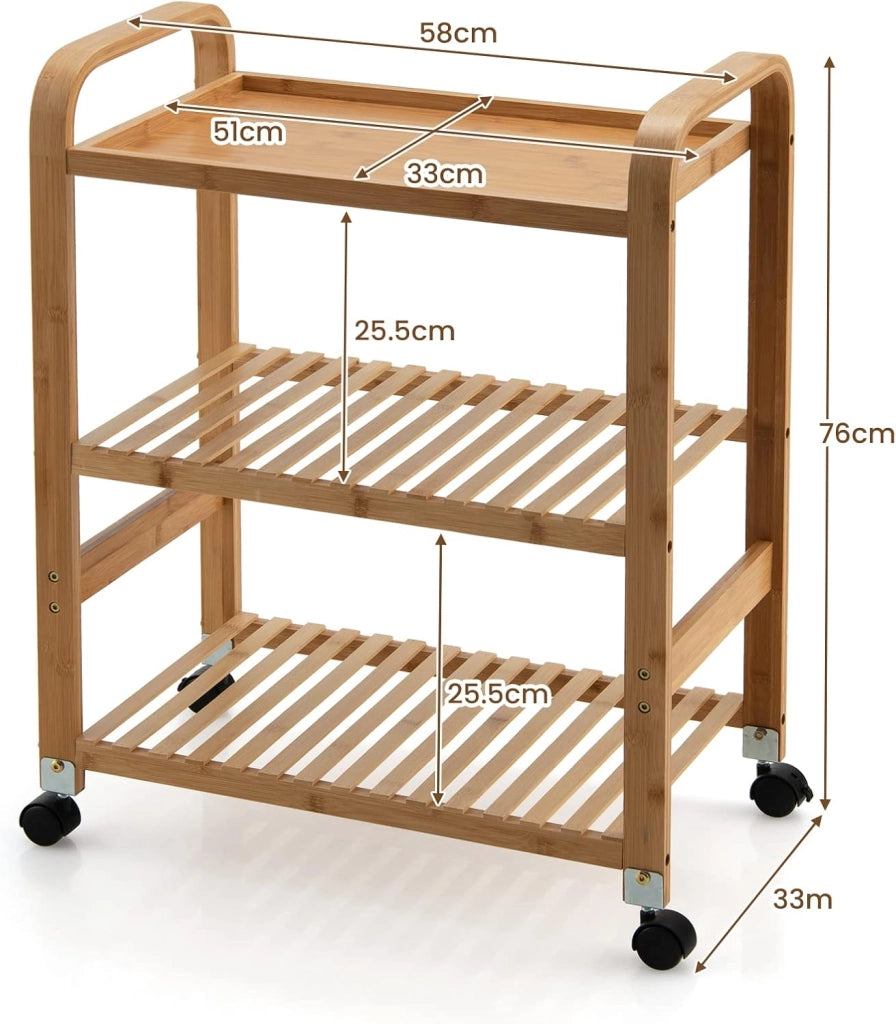 Carrello da portata in bambù, piccolo carrello da cucina su ruote, carrello con 3 ripiani e manici, carrello universale da cucina, carrello multiuso 58 x 33 x 76 cm