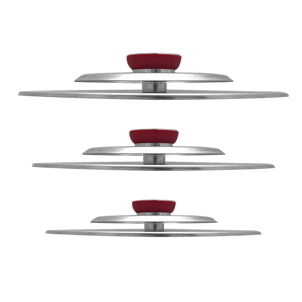 Kit 3 Coperchi Magici Antiodore Ventur Magic Ø27, Ø31, Ø35 cm Cooker in Acciaio Inox Pomello Rosso