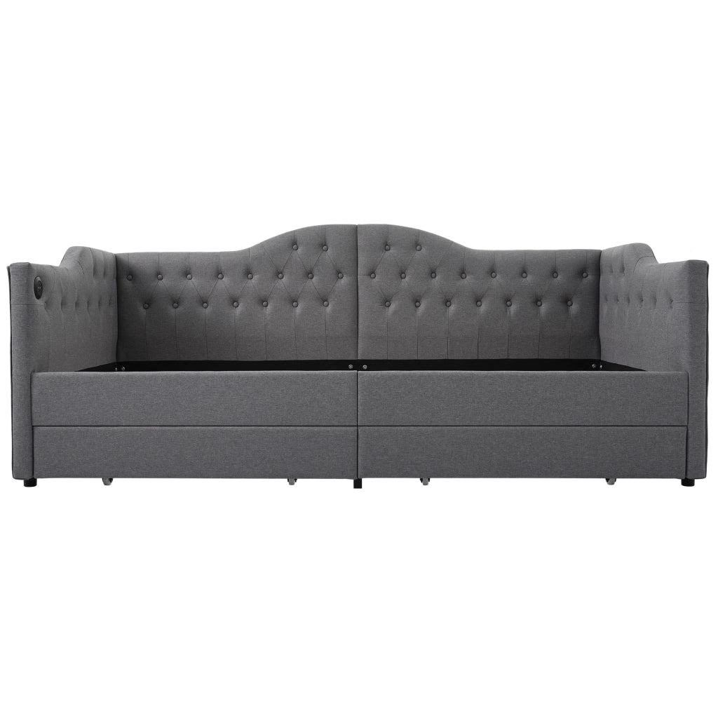 Letto singolo 90x190 cm con 2 cassetti, USB e USB-C in lino grigio