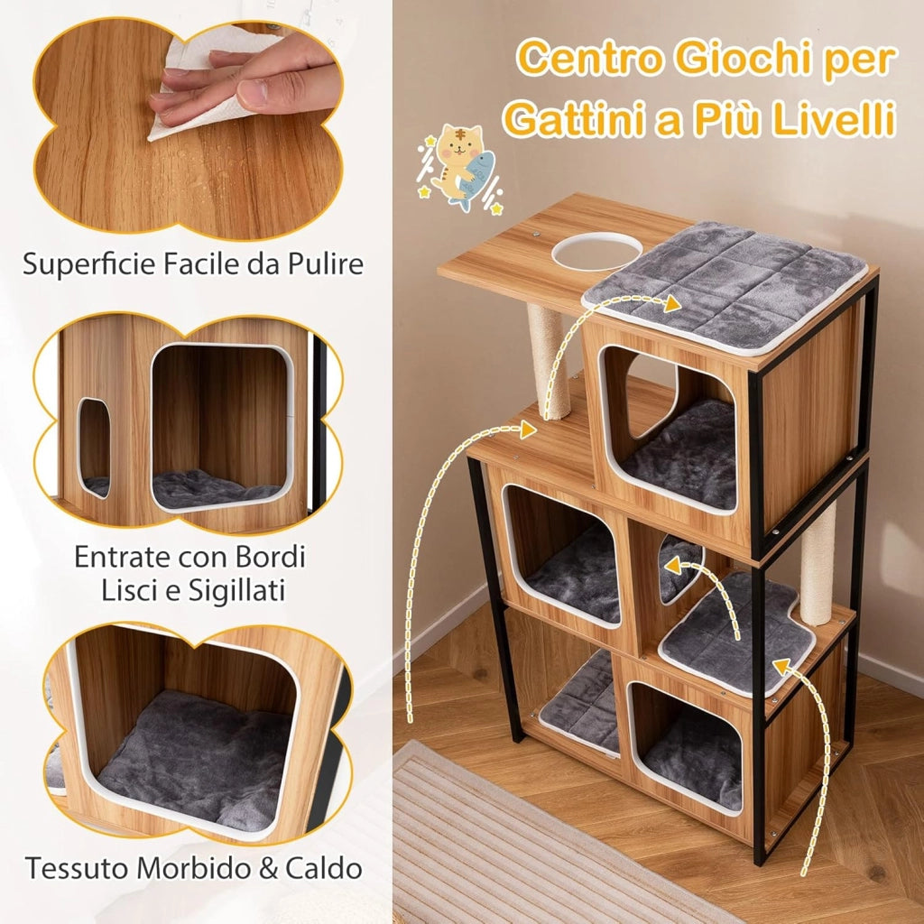 Tiragraffi per Gatti con Struttura in Metallo 75 x 45 x 133cm, Torre Moderno da Interno con Piattaforma Superiore Imbottita, Cuscini Rimovibili e Tiragraffi, Mobile per Animali Domestici