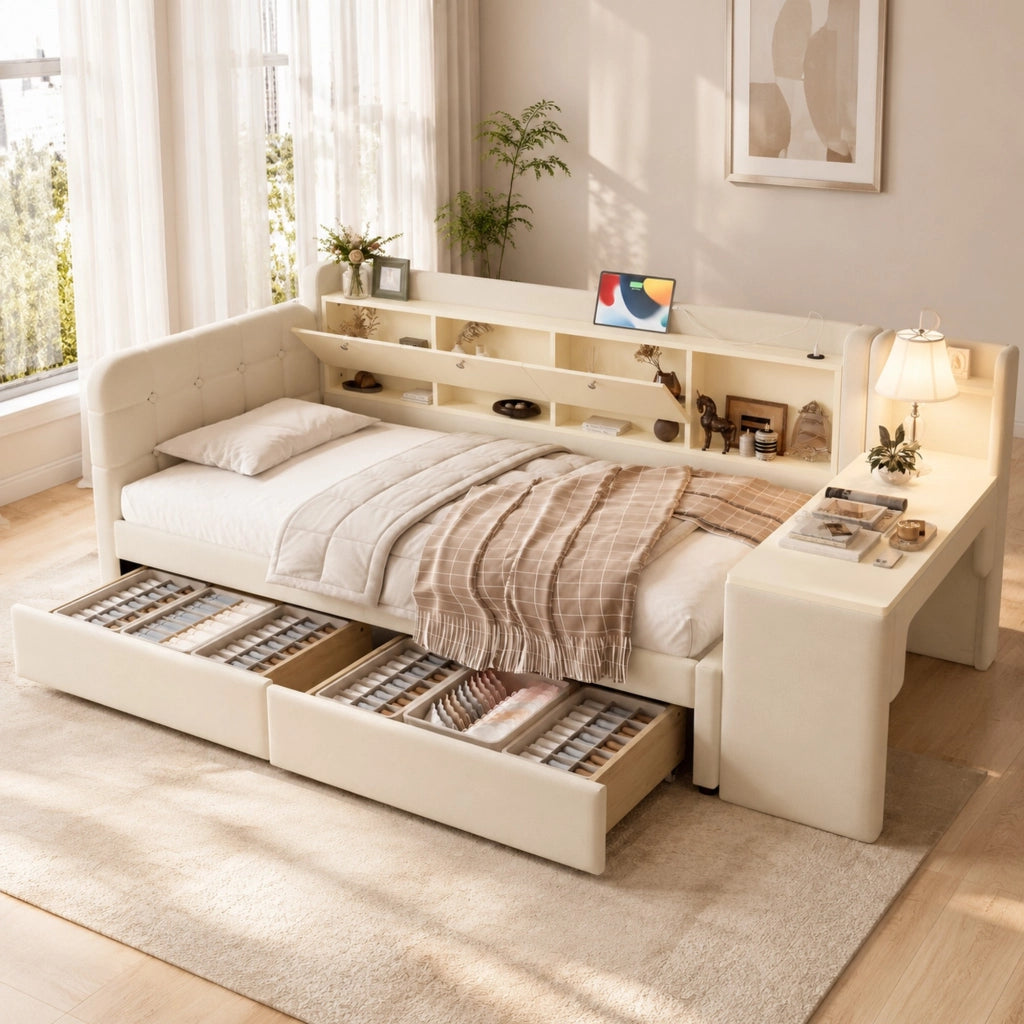 Letto beige 90 x 200 cm con scrivania, cassetti e ricarica USB