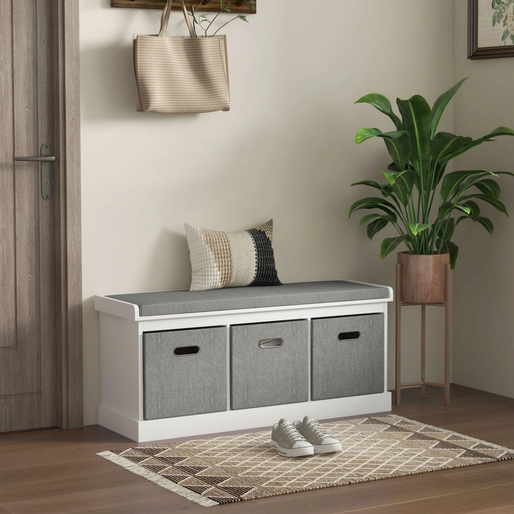 Panca Scarpiera 105x35x47 cm 3 Ceste e Seduta Imbottita in Legno Bianco e Grigio