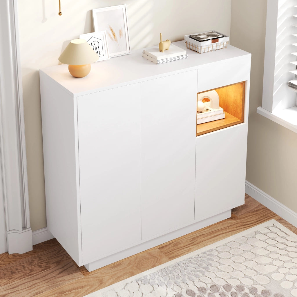 Mobile Scarpiera con 1 Cassetto e LED 16 Colori; Ripiani Regolabili; Stile Moderno; in Pannello Truciolare; Bianco e Naturale; 105??39;5??100;5 cm