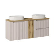 Insieme VANO cachemire e quercia 140cm: mobili sotto lavabo con cassetti e armadietti + lavabi da appoggio bianchi scanalati