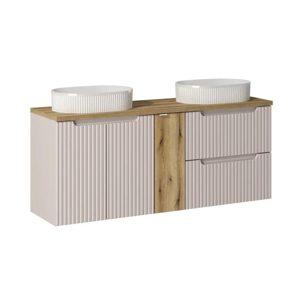 Insieme VANO cachemire e quercia 140cm: mobili sotto lavabo con cassetti e armadietti + lavabi da appoggio bianchi scanalati