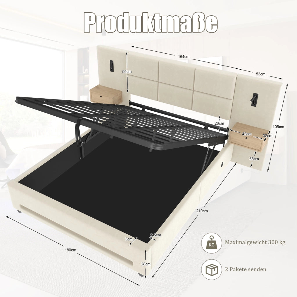 Letto matrimoniale 180x200 cm in velluto beige con LED e USB-C
