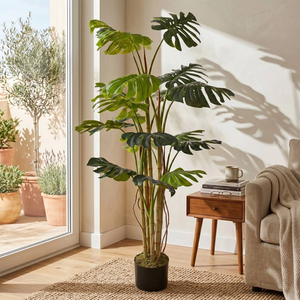 Monstera Artificiale 190 cm con 6 Fusti e 18 Foglie Tropicali Realistiche, Pianta Decorativa per Interni e Uffici