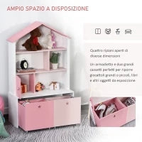 Libreria Scaffale Portagiochi Rosa per Cameretta Bimbi e Ragazzi con 2 Cassetti Estraibili, 80 x 34 x 130 cm
