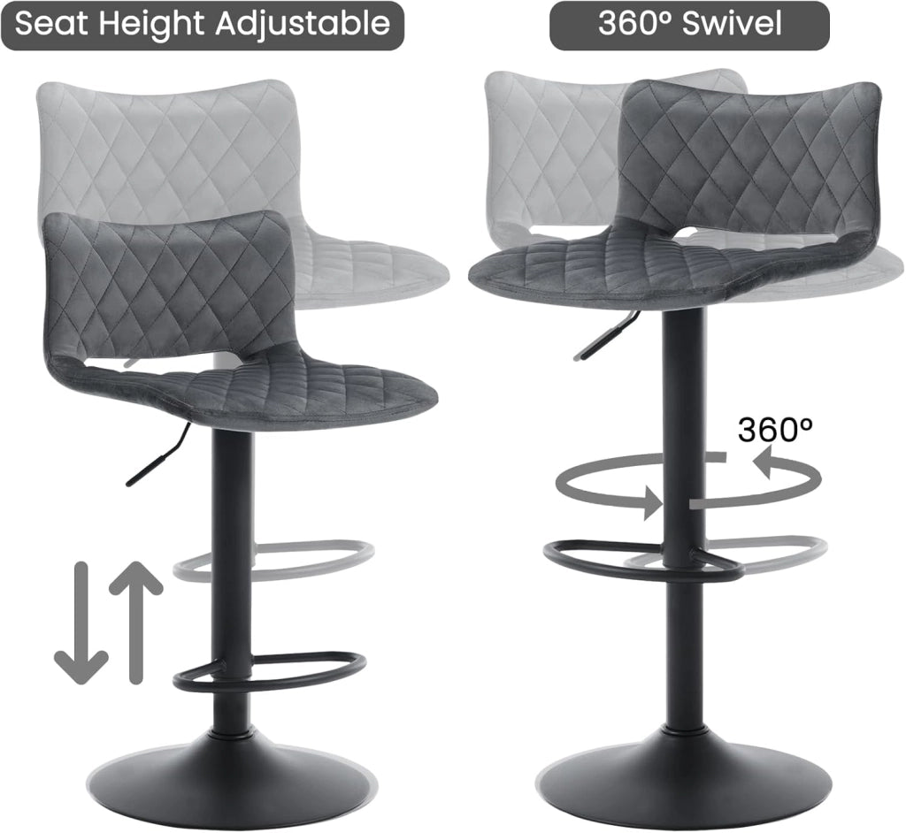 Set di 2 Sgabelli da Bar, Sedie Alte da Bar Regolabili in Altezza, Sgabelli per Isola Cucina Girevoli, con Schienale e Poggiapiedi, Sgabelli Imbottiti in Velluto, Grigio Scuro, BH392dgr-2
