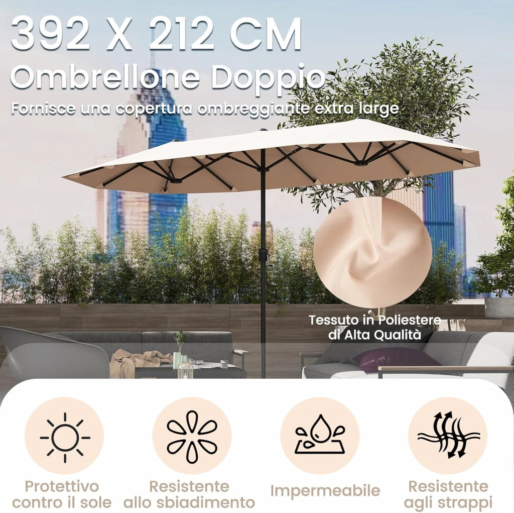 Ombrellone da Giardino Doppio 380 cm, con Manovella e 12 Stecche, Ombrello Rettangolare Pieghevole, per Giardino Piscina Terrazza, 380 x 200 x 222 cm (Beige, Senza Luci)