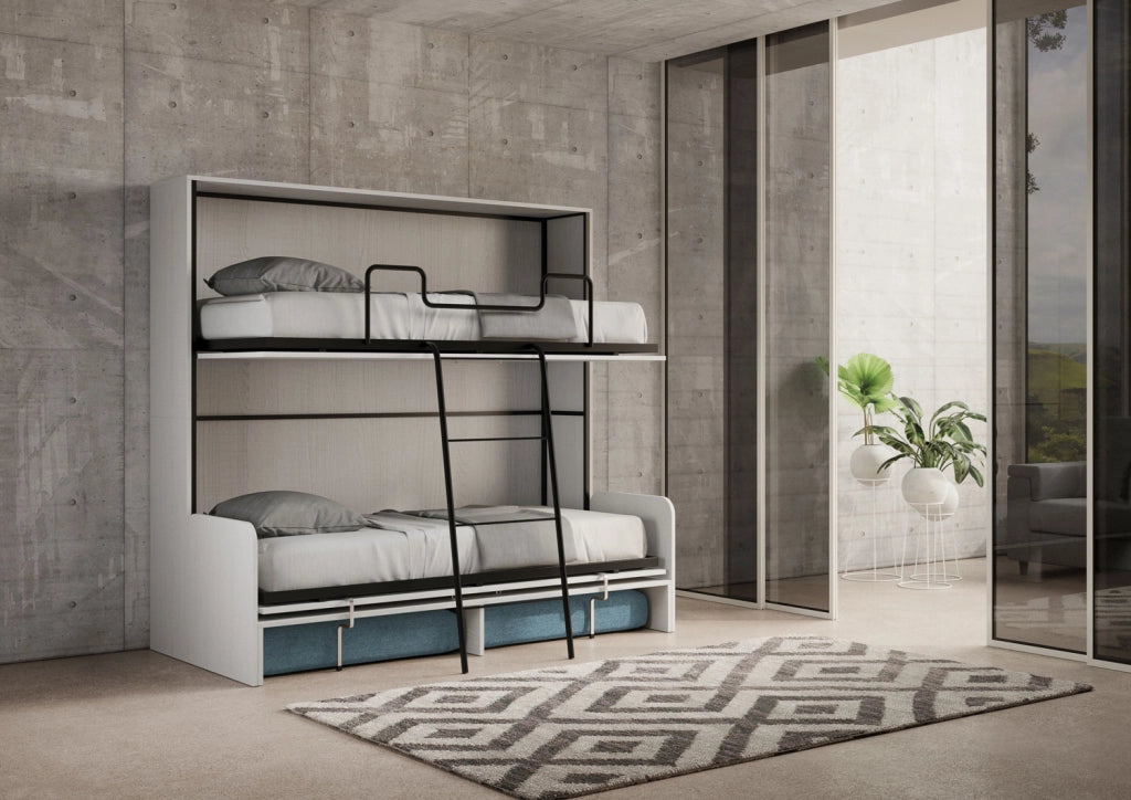 Letto doppio a scomparsa Kando con divano con materassi bianco frassino, azzurro