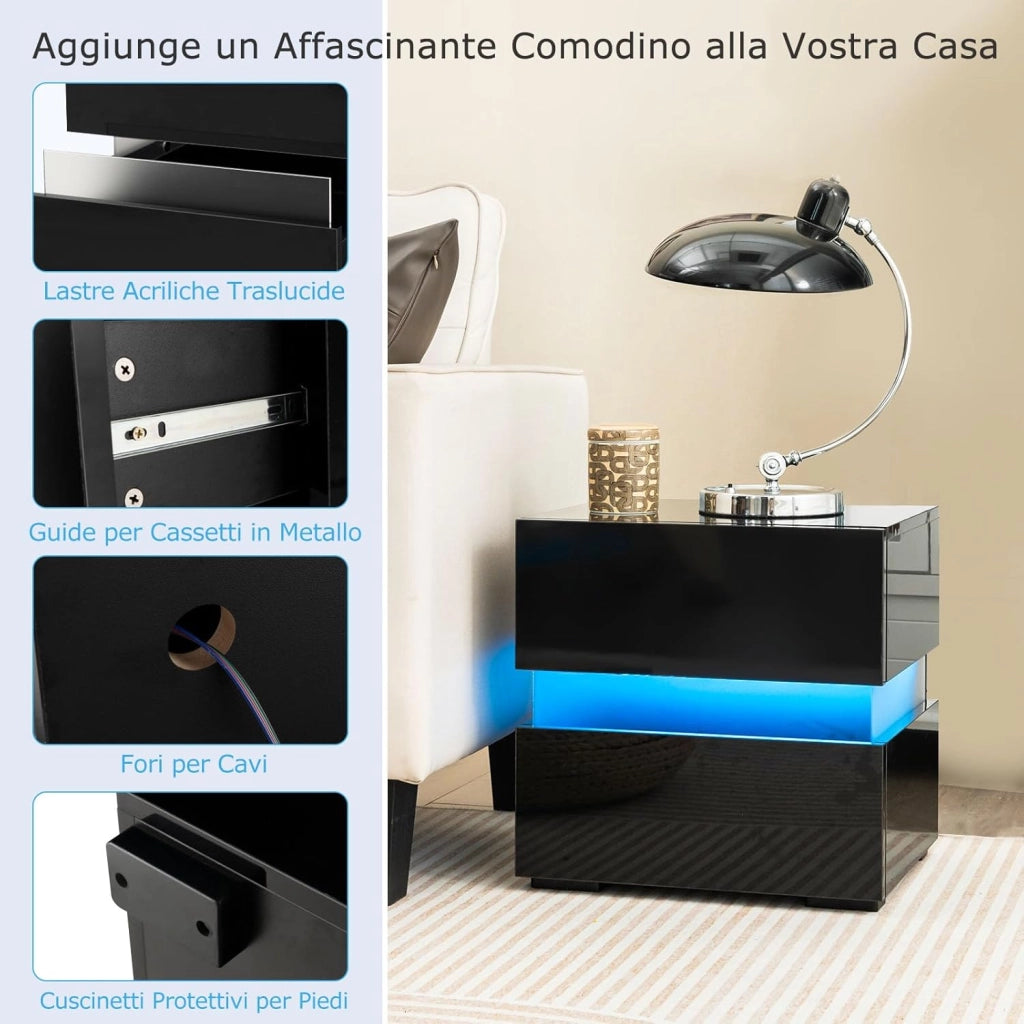 Tavolino a LED, Tavolino con Cassetto, Telecomando, 22 Modalità di Luce, 10 Velocità e 5 Luminosità, Comodino Moderno da Salotto e Camera da Letto (2, Nero)
